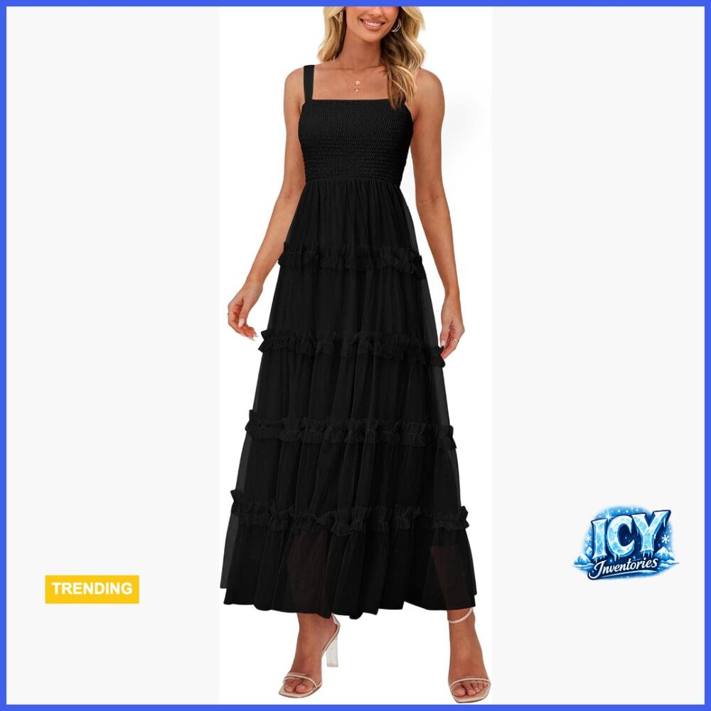 Sleeveless Smocked Tiered Ruffle Tulle A-Line Maxi Dress